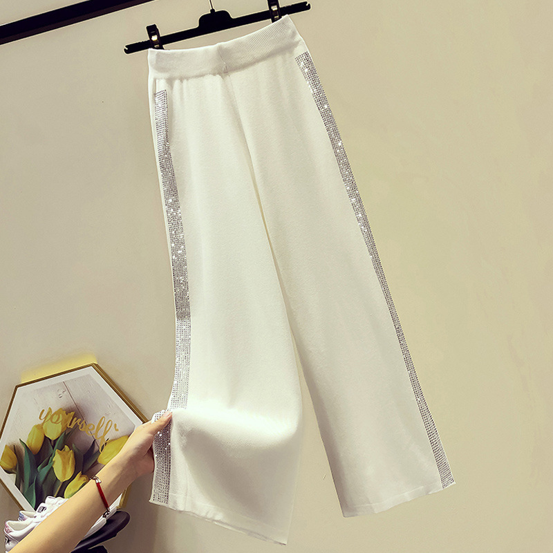 Drape Knit Wide-Leg Pants for Women 2021 Summer New Casual Long Pants Loose Heavy Embroidery Hot Drilling High Waist Cropped Pants