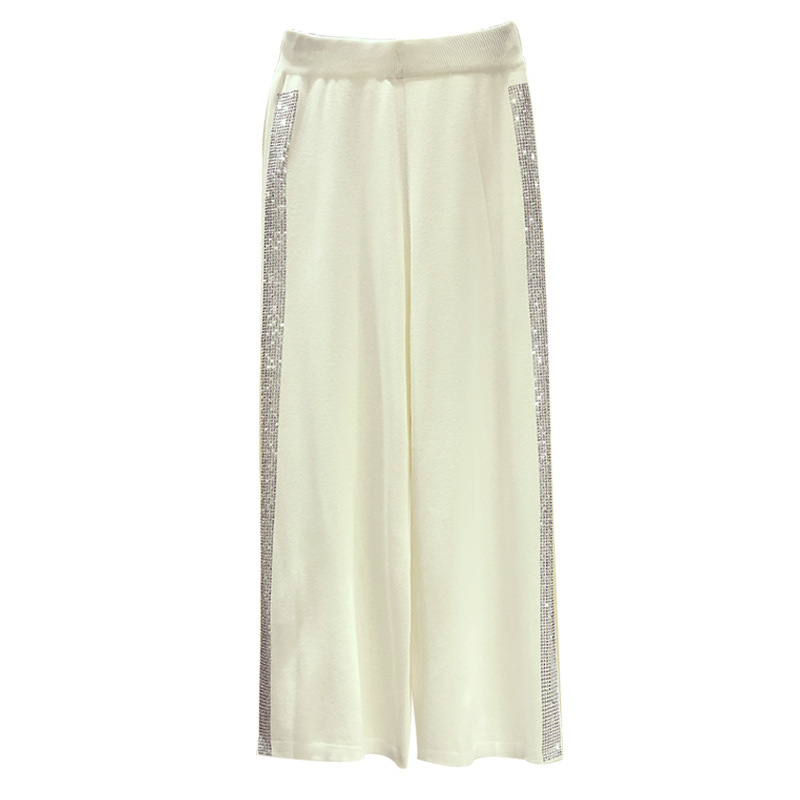 Drape Knit Wide-Leg Pants for Women 2021 Summer New Casual Long Pants Loose Heavy Embroidery Hot Drilling High Waist Cropped Pants