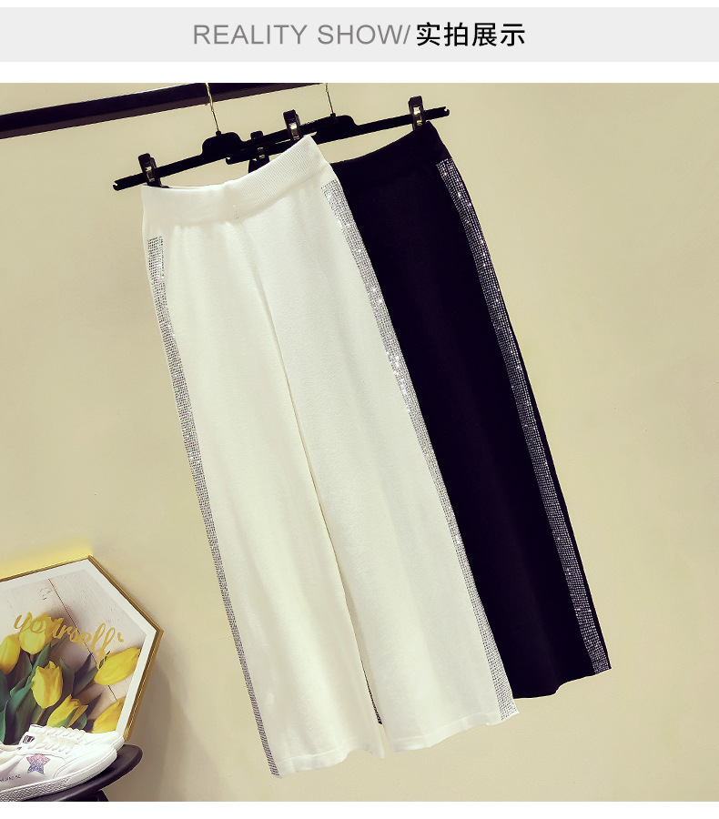 Drape Knit Wide-Leg Pants for Women 2021 Summer New Casual Long Pants Loose Heavy Embroidery Hot Drilling High Waist Cropped Pants