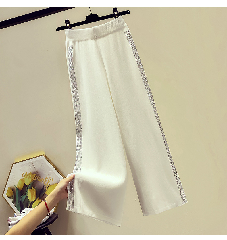 Drape Knit Wide-Leg Pants for Women 2021 Summer New Casual Long Pants Loose Heavy Embroidery Hot Drilling High Waist Cropped Pants