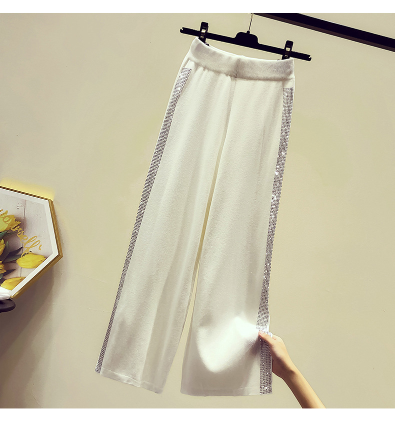 Drape Knit Wide-Leg Pants for Women 2021 Summer New Casual Long Pants Loose Heavy Embroidery Hot Drilling High Waist Cropped Pants