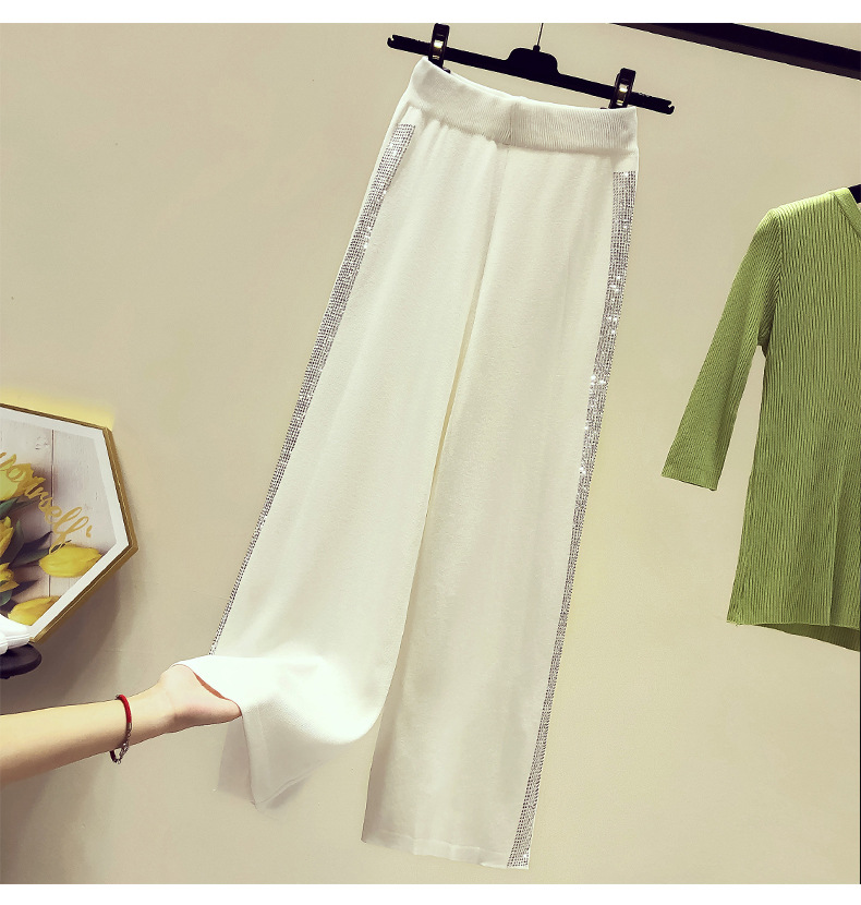 Drape Knit Wide-Leg Pants for Women 2021 Summer New Casual Long Pants Loose Heavy Embroidery Hot Drilling High Waist Cropped Pants