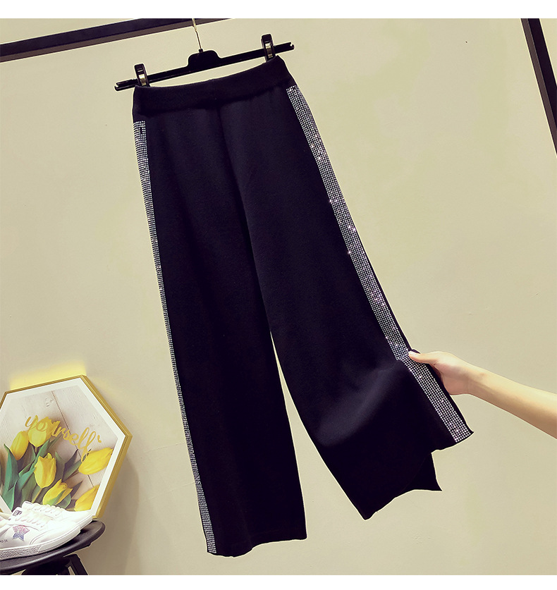 Drape Knit Wide-Leg Pants for Women 2021 Summer New Casual Long Pants Loose Heavy Embroidery Hot Drilling High Waist Cropped Pants