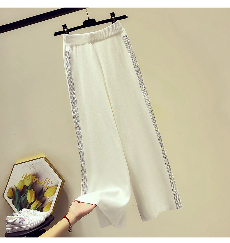 Drape Knit Wide-Leg Pants for Women 2021 Summer New Casual Long Pants Loose Heavy Embroidery Hot Drilling High Waist Cropped Pants