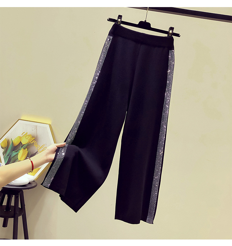 Drape Knit Wide-Leg Pants for Women 2021 Summer New Casual Long Pants Loose Heavy Embroidery Hot Drilling High Waist Cropped Pants