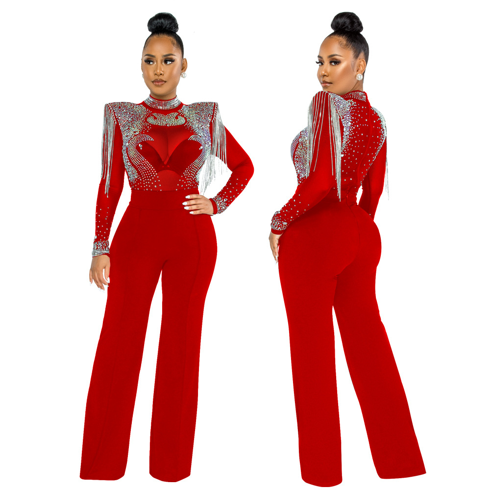 Cy9232b European and American Amazon Fashion Sexy Casual Slim Fit Turtleneck See-through Hot Drilling Tassel Jumpsuit Cy9232b European and American Amazon Fashion Sexy Casual Slim Fit Turtleneck See-through Hot Drilling Tassel Jumpsuit