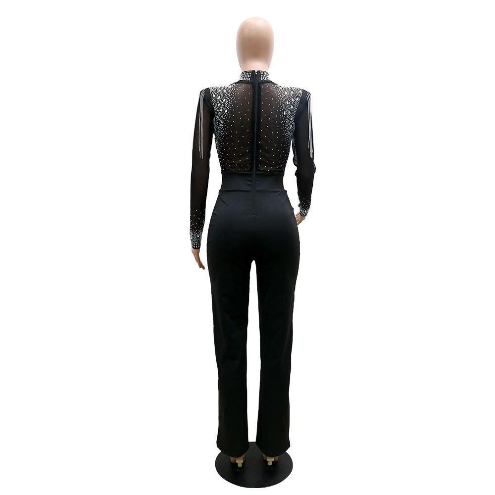 Cy9232b European and American Amazon Fashion Sexy Casual Slim Fit Turtleneck See-through Hot Drilling Tassel Jumpsuit Cy9232b European and American Amazon Fashion Sexy Casual Slim Fit Turtleneck See-through Hot Drilling Tassel Jumpsuit