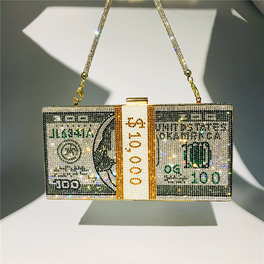 Hengmei New Style Hot Drilling Dollar Handbag Dress Evening Bag Women&#039;s Handbag Crystal Dollar Bag Clutch Bag