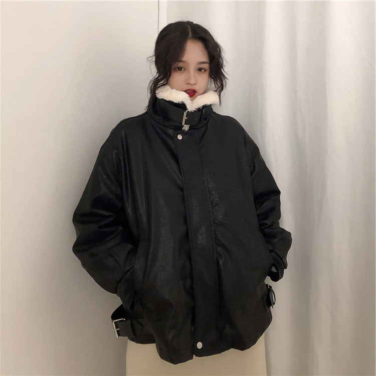 Harbor style jacket female Korean FUR collar motorcycle wear loosefitting student thickened PU leather jacket trend