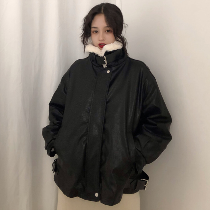 Harbor style jacket female Korean FUR collar motorcycle wear loosefitting student thickened PU leather jacket trend Harbor style jacket female Korean FUR collar motorcycle wear loosefitting student thickened PU leather jacket trend
