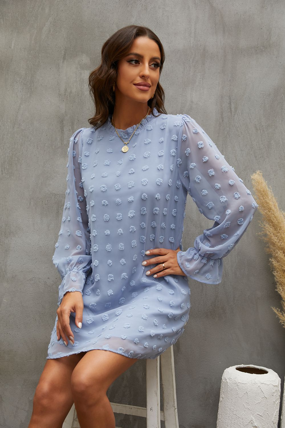 2022 Europe and America Cross Border Amazon Autumn and Winter Lace Collar Puff Sleeve Chiffon Embroidered Fur Ball Dress Dress for Women