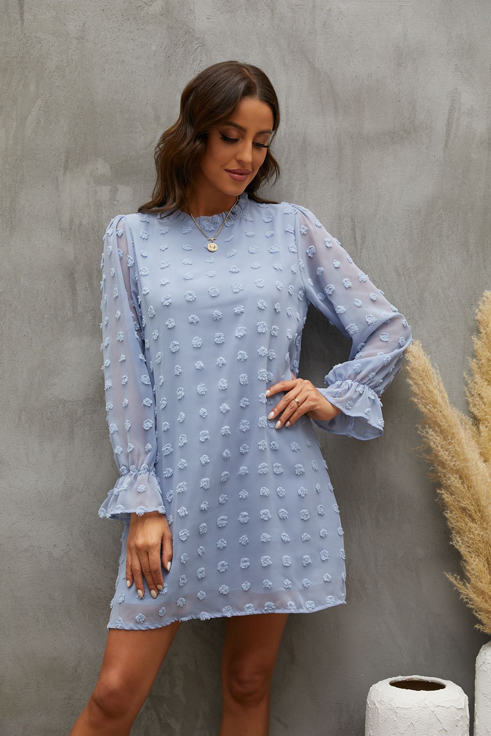 2022 Europe and America Cross Border Amazon Autumn and Winter Lace Collar Puff Sleeve Chiffon Embroidered Fur Ball Dress Dress for Women
