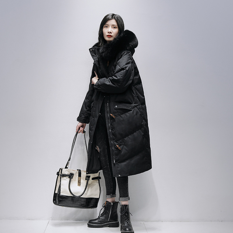 202 New Fox Fur Collar Hooded Down Jacket Women 'S Mid-Length Over-The-Knee White Duck Down Coat