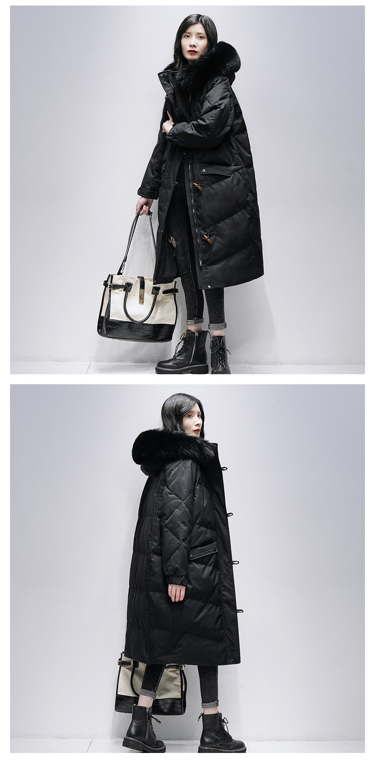 202 New Fox Fur Collar Hooded Down Jacket Women 'S Mid-Length Over-The-Knee White Duck Down Coat