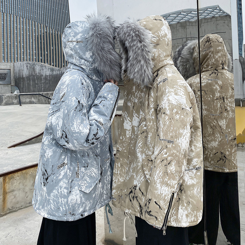 Couple&#039;s Winter Clothing 2021 New Fashion Ins Loose Big Fur Collar Camouflage Mid-Length Cotton Clothing Cotton Coat Coat Fashion