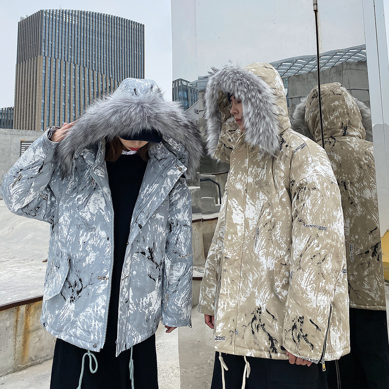 Couple&#039;s Winter Clothing 2021 New Fashion Ins Loose Big Fur Collar Camouflage Mid-Length Cotton Clothing Cotton Coat Coat Fashion