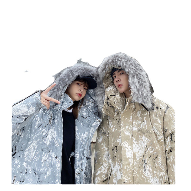 Couple&#039;s Winter Clothing 2021 New Fashion Ins Loose Big Fur Collar Camouflage Mid-Length Cotton Clothing Cotton Coat Coat Fashion