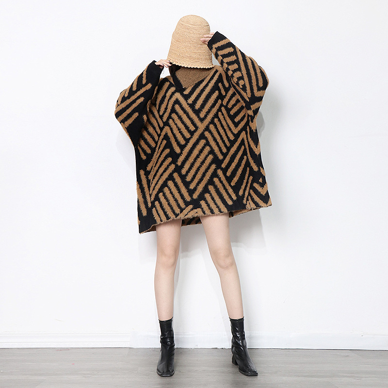 Korean Style Loose plus Size Knitwear Women's Clothing 2021 Autumn and Winter New Small Stand Collar Stitching Haima Fur Pullover Sweater Fashion