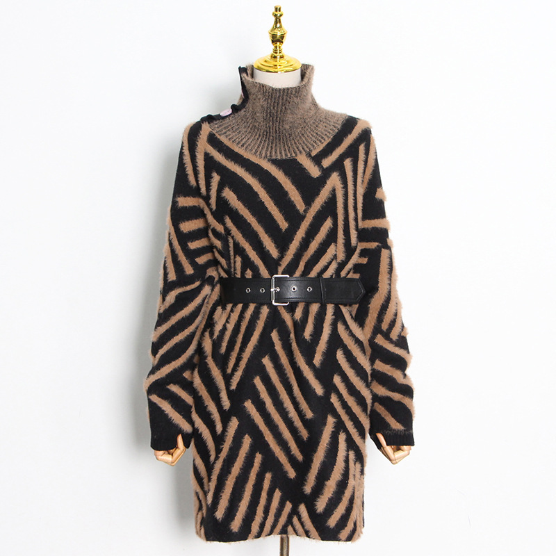 Korean Style Loose plus Size Knitwear Women's Clothing 2021 Autumn and Winter New Small Stand Collar Stitching Haima Fur Pullover Sweater Fashion