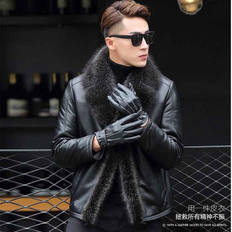 Winter Leather Coat Men&#039;s Genuine Leather Haining Middle-Aged and Young Men&#039;s Sheepskin Big Fur Collar Leather Coat Fleece-Lined Thickened