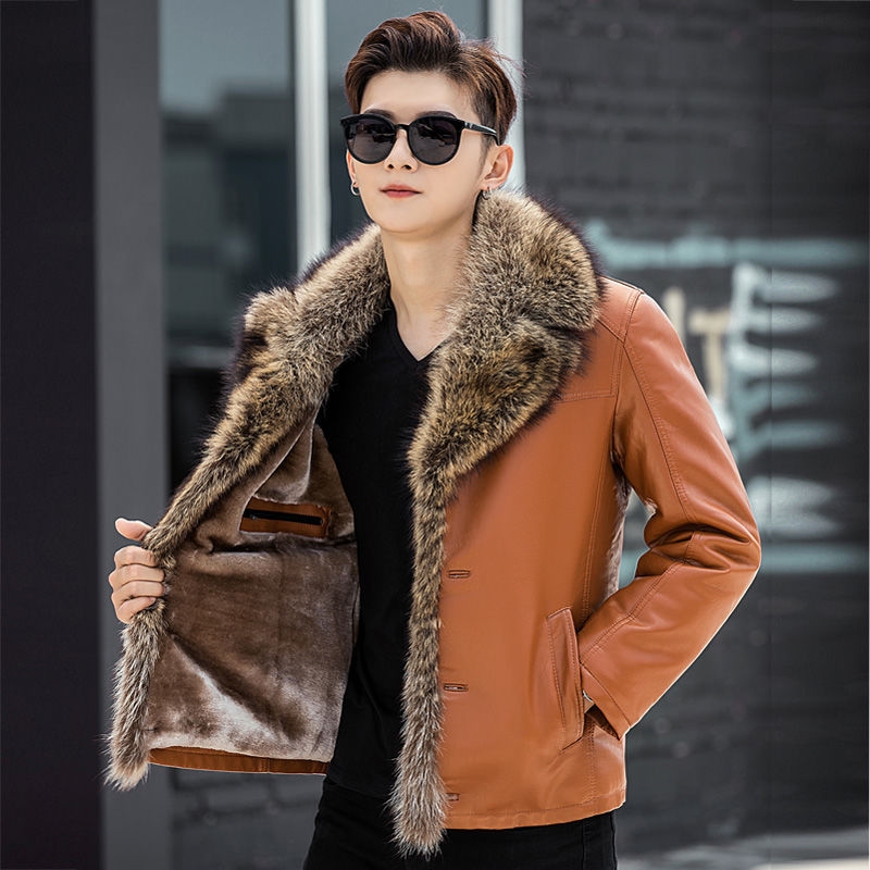 Winter Leather Coat Men&#039;s Genuine Leather Haining Middle-Aged and Young Men&#039;s Sheepskin Big Fur Collar Leather Coat Fleece-Lined Thickened