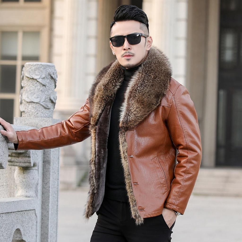 Winter Leather Coat Men's Genuine Leather Haining Middle-Aged and Young Men's Sheepskin Big Fur Collar Leather Coat Fleece-Lined Thickened Winter Leather Coat Men's Genuine Leather Haining Middle-Aged and Young Men's Sheepskin Big Fur Collar Leather Coat Fleece-Lined Thickened