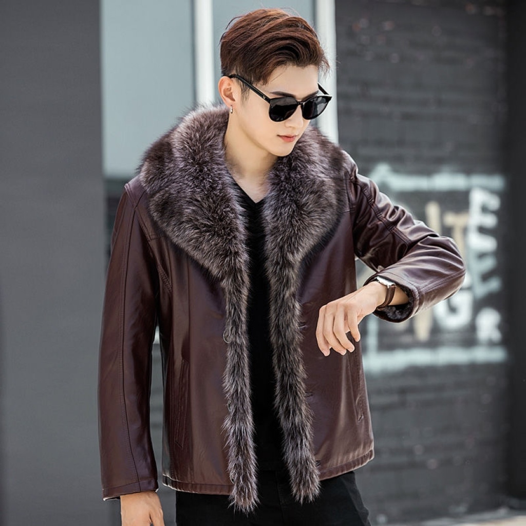 Winter Leather Coat Men's Genuine Leather Haining Middle-Aged and Young Men's Sheepskin Big Fur Collar Leather Coat Fleece-Lined Thickened Winter Leather Coat Men's Genuine Leather Haining Middle-Aged and Young Men's Sheepskin Big Fur Collar Leather Coat Fleece-Lined Thickened