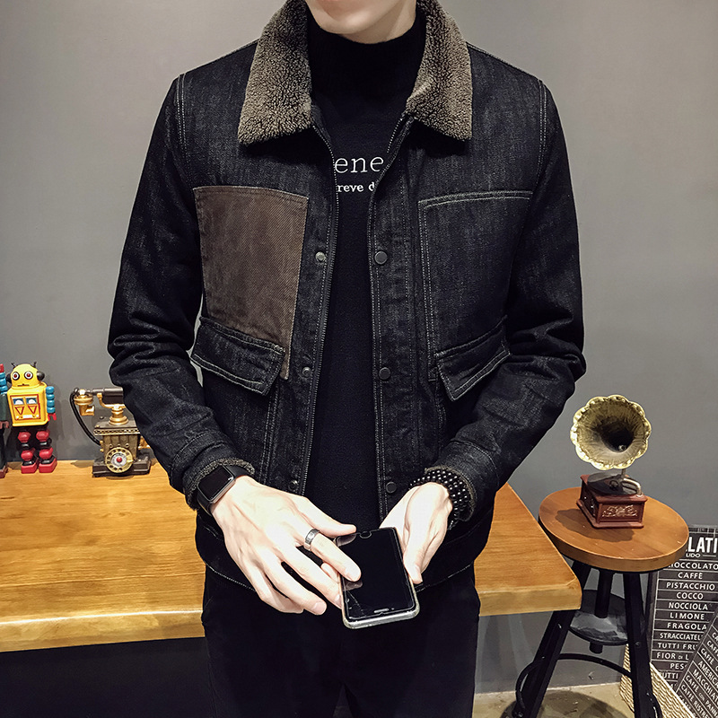 Men&#039;s Fleece-Lined Denim Cotton Coat Jacket Autumn and Winter Korean Style Trendy Lamb Fur Collar Warm Denim Wear Men&#039;s Thick Jacket