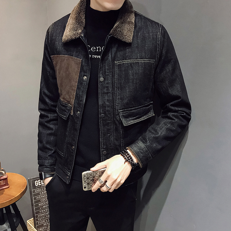 Men&#039;s Fleece-Lined Denim Cotton Coat Jacket Autumn and Winter Korean Style Trendy Lamb Fur Collar Warm Denim Wear Men&#039;s Thick Jacket