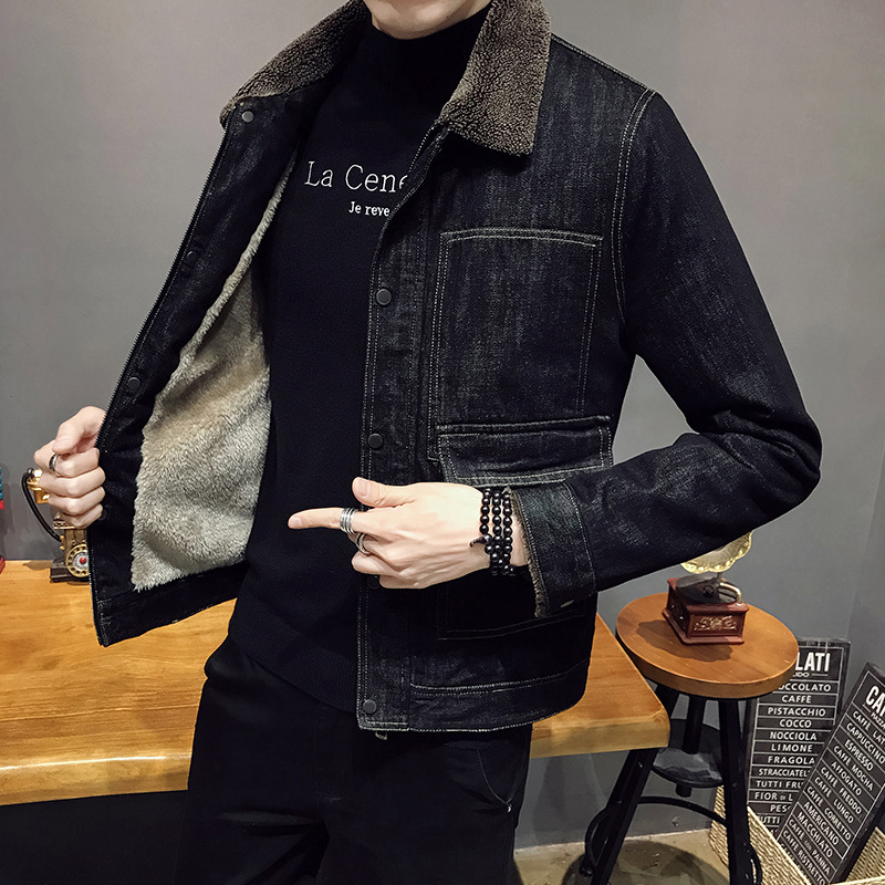 Men&#039;s Fleece-Lined Denim Cotton Coat Jacket Autumn and Winter Korean Style Trendy Lamb Fur Collar Warm Denim Wear Men&#039;s Thick Jacket
