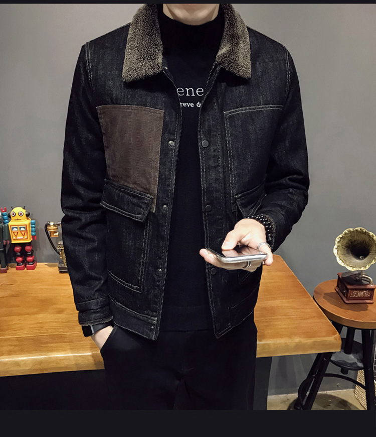Men's Fleece-Lined Denim Cotton Coat Jacket Autumn and Winter Korean Style Trendy Lamb Fur Collar Warm Denim Wear Men's Thick Jacket Men's Fleece-Lined Denim Cotton Coat Jacket Autumn and Winter Korean Style Trendy Lamb Fur Collar Warm Denim Wear Men's Thick Jacket