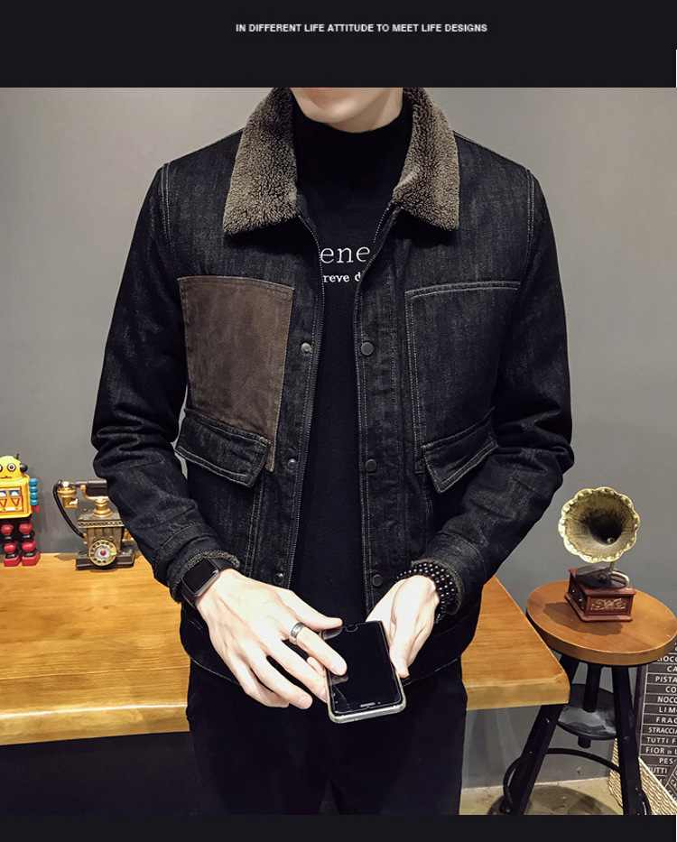 Men's Fleece-Lined Denim Cotton Coat Jacket Autumn and Winter Korean Style Trendy Lamb Fur Collar Warm Denim Wear Men's Thick Jacket Men's Fleece-Lined Denim Cotton Coat Jacket Autumn and Winter Korean Style Trendy Lamb Fur Collar Warm Denim Wear Men's Thick Jacket
