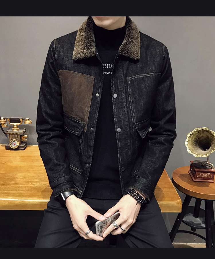 Men's Fleece-Lined Denim Cotton Coat Jacket Autumn and Winter Korean Style Trendy Lamb Fur Collar Warm Denim Wear Men's Thick Jacket Men's Fleece-Lined Denim Cotton Coat Jacket Autumn and Winter Korean Style Trendy Lamb Fur Collar Warm Denim Wear Men's Thick Jacket