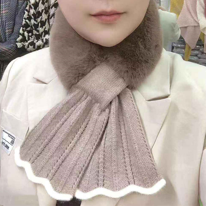 New Winter Japanese and Korean Sweet Scarf Velvet Knitted Lace Stitching Thickening Warm Neck Protection Fur Collar Small Scarf