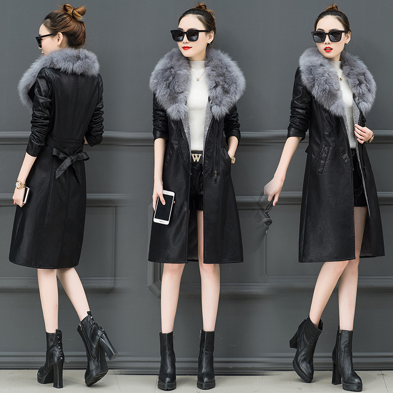 with velvet Thickening Medium and long Korean Version 2019 New Slimming Slimming Waist Large fur collar leather Coat
