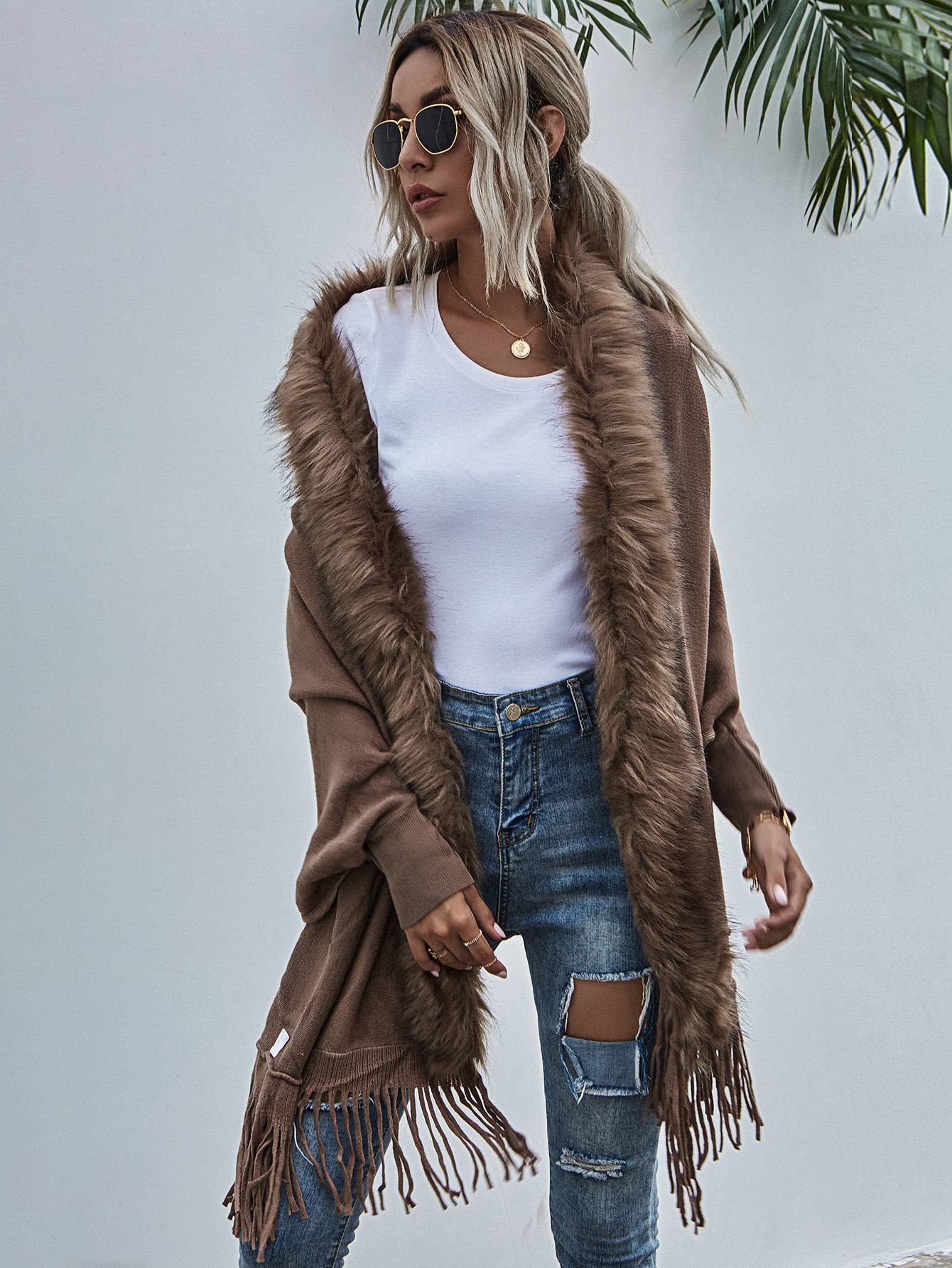 European and American Foreign Trade Sweater Women 2021 Amazon Independent Station Autumn and Winter New Fur Collar Shawl Cardigan Sweater Coat