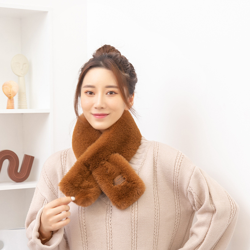 New Korean Style Fur Collar Labeling Cross Imitate Rex Rabbit Fur Plush Scarf Women&#039;s Winter Thicken Thermal Imitation Rabbit Fur Scarf