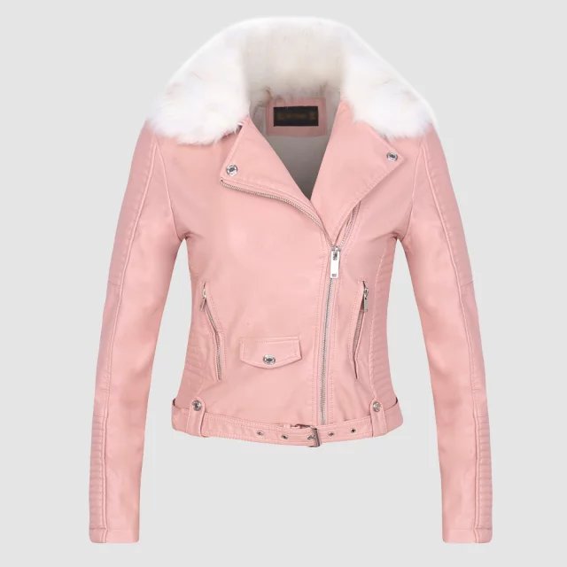New Autumn Winter 2017 Solidcolor short belt fur collar Motorcycle Leather and Velvet Jacket FEMALE 011505