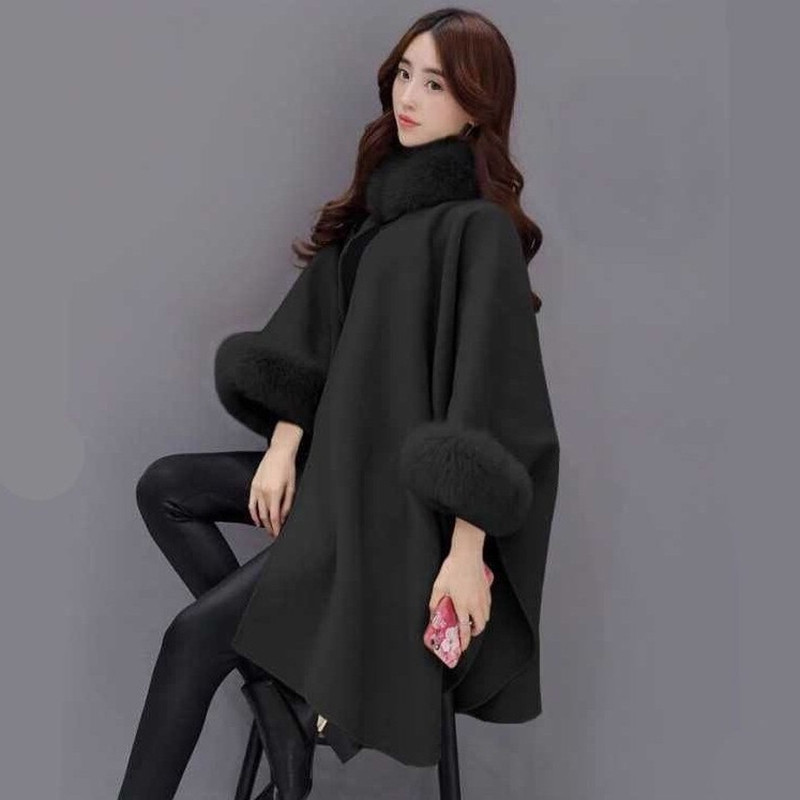 The new 2018 Korean fox fur collar medium length woollen coat style cape cape woollen cloth coat female