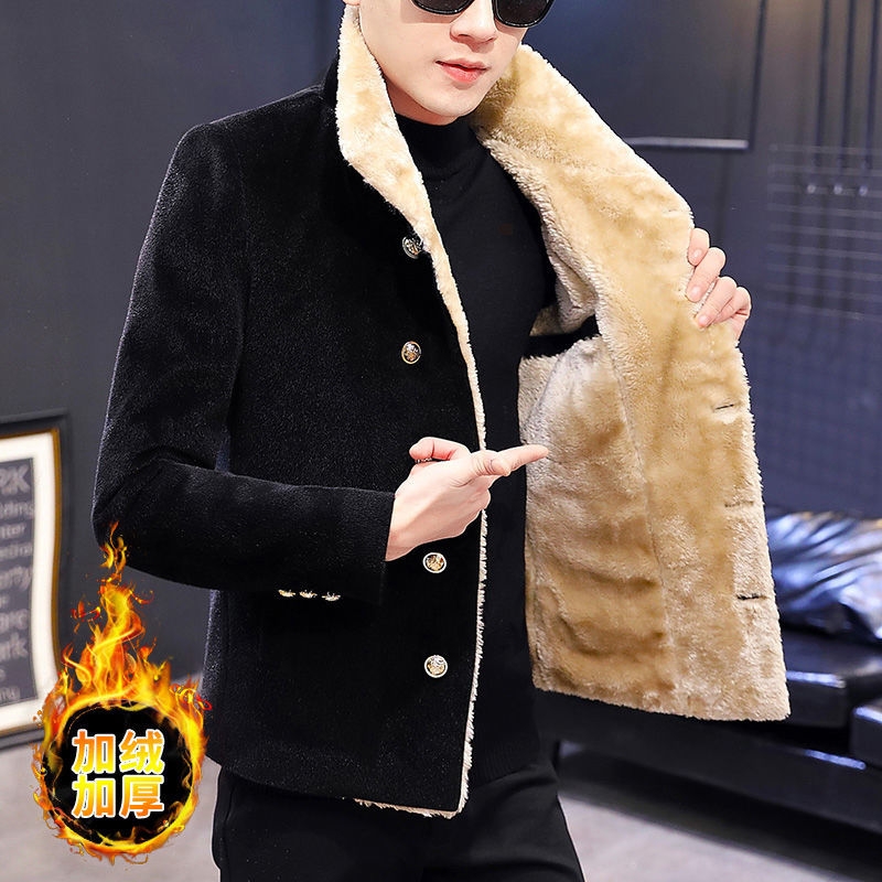 2020 Short Winter Double Breasted Small Trench Coat Men&#039;s Youth Fleece Fur Collar Suit Thick Warm Jacket
