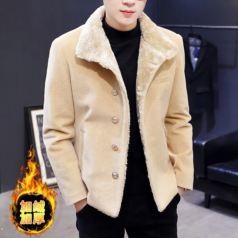 2020 Short Winter Double Breasted Small Trench Coat Men&#039;s Youth Fleece Fur Collar Suit Thick Warm Jacket