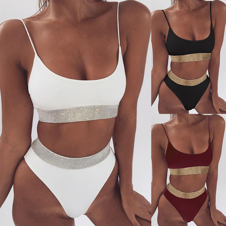 at AliExpress 2018 Sexy High Waist Bikini Split Swimsuit Women&#039;s Sequin Solid Color Bikini