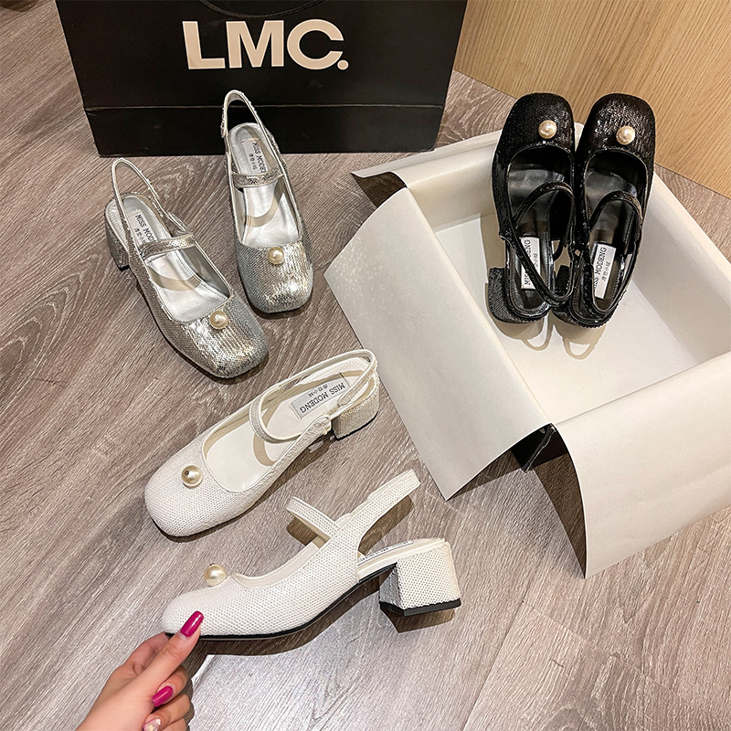 Mary Jane Women&#039;s Shoes 2022 Early Spring New Closed Toe Korean Sequined Pearl Hand Sewing Sequin Chunky Heel High Heel Hollow Back Shoes