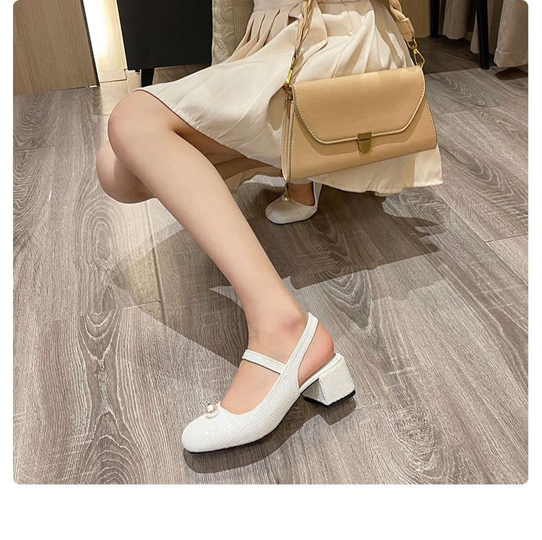 Mary Jane Women's Shoes 2022 Early Spring New Closed Toe Korean Sequined Pearl Hand Sewing Sequin Chunky Heel High Heel Hollow Back Shoes Mary Jane Women's Shoes 2022 Early Spring New Closed Toe Korean Sequined Pearl Hand Sewing Sequin Chunky Heel High Heel Hollow Back Shoes