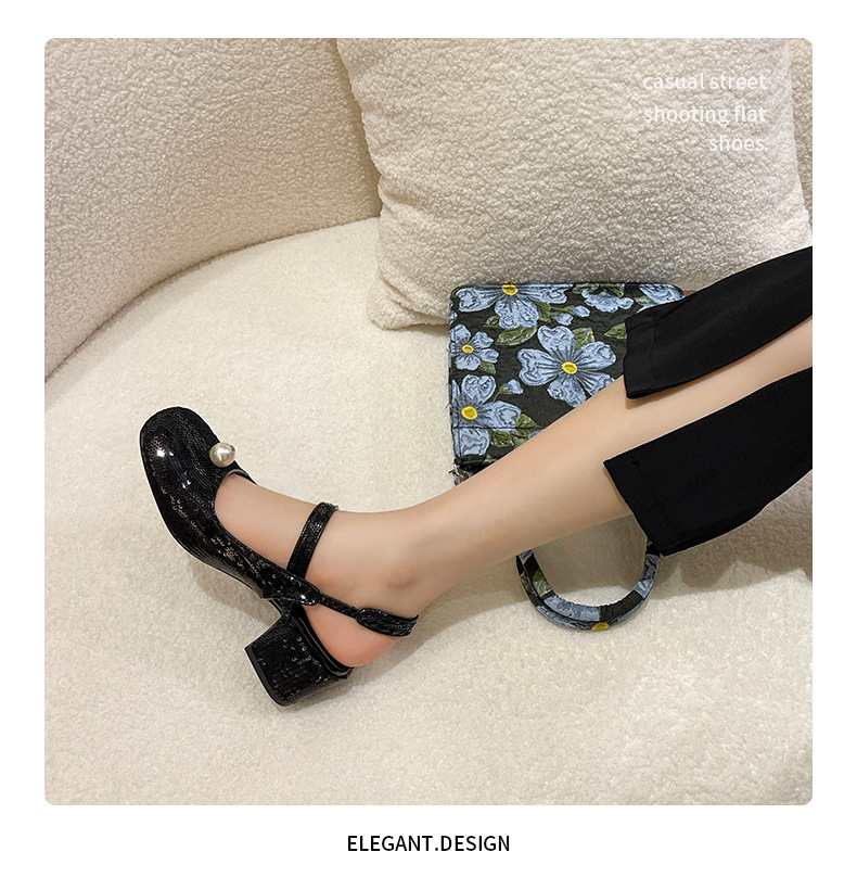Mary Jane Women's Shoes 2022 Early Spring New Closed Toe Korean Sequined Pearl Hand Sewing Sequin Chunky Heel High Heel Hollow Back Shoes Mary Jane Women's Shoes 2022 Early Spring New Closed Toe Korean Sequined Pearl Hand Sewing Sequin Chunky Heel High Heel Hollow Back Shoes