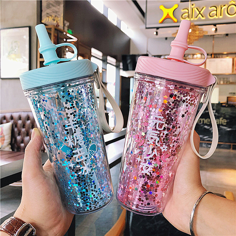 Internet Celebrity Double-Layer Heat Insulation Plastic Sippy Cup Cute Sequin Student Cup Korean Style Fresh Water Cup Girlwill
