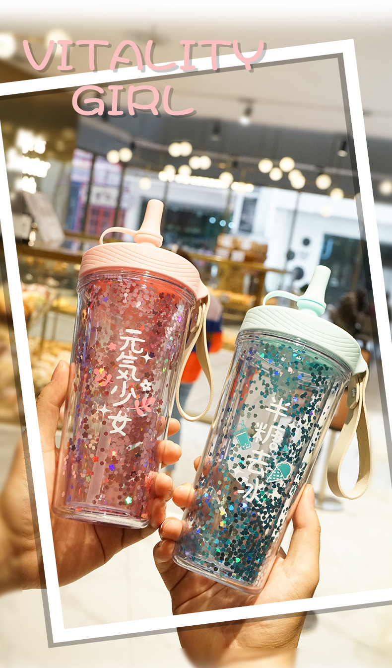 Internet Celebrity Double-Layer Heat Insulation Plastic Sippy Cup Cute Sequin Student Cup Korean Style Fresh Water Cup Girlwill Internet Celebrity Double-Layer Heat Insulation Plastic Sippy Cup Cute Sequin Student Cup Korean Style Fresh Water Cup Girlwill