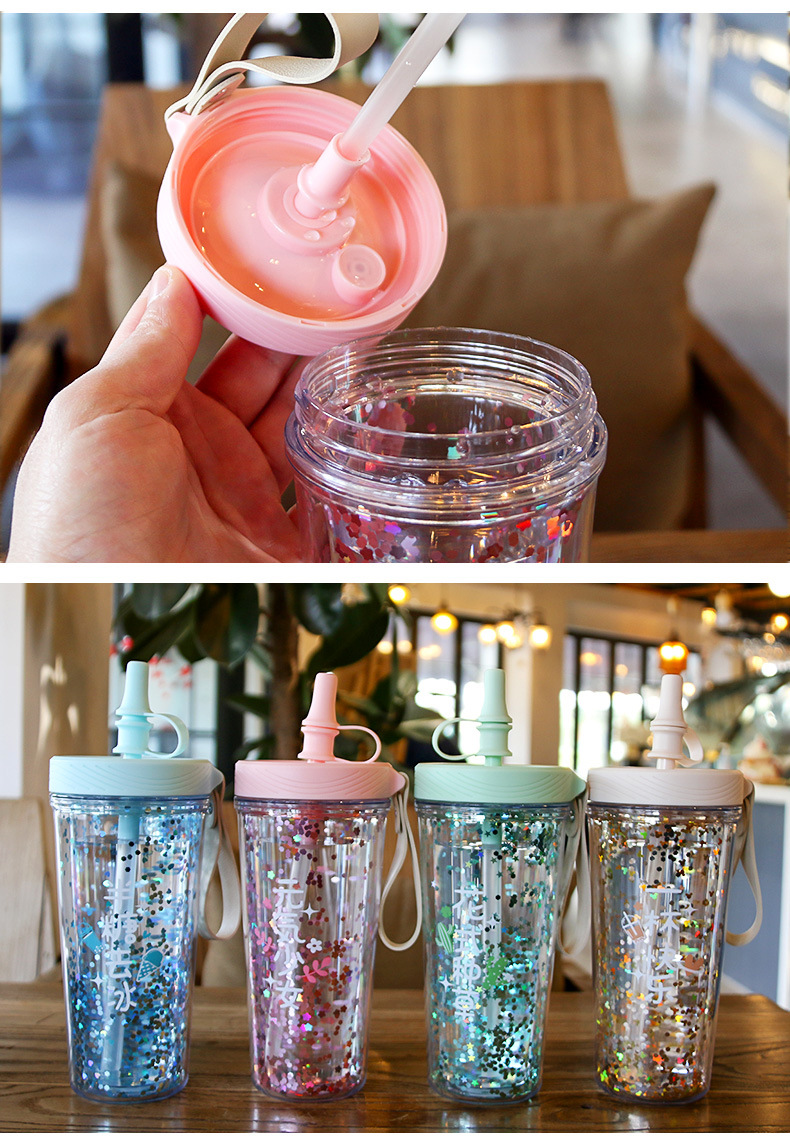 Internet Celebrity Double-Layer Heat Insulation Plastic Sippy Cup Cute Sequin Student Cup Korean Style Fresh Water Cup Girlwill Internet Celebrity Double-Layer Heat Insulation Plastic Sippy Cup Cute Sequin Student Cup Korean Style Fresh Water Cup Girlwill