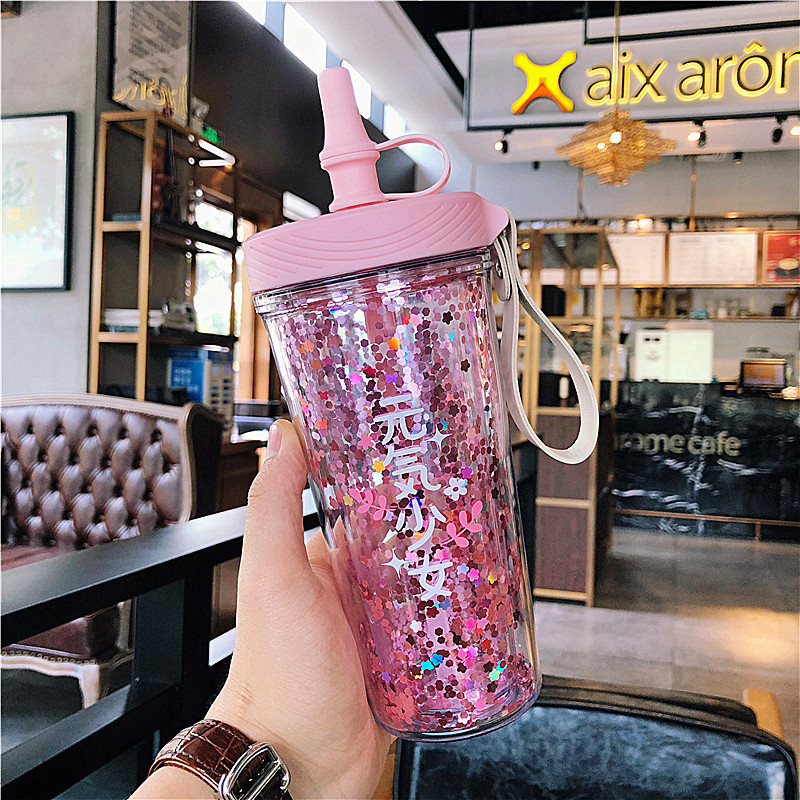 Internet Celebrity Double-Layer Heat Insulation Plastic Sippy Cup Cute Sequin Student Cup Korean Style Fresh Water Cup Girlwill Internet Celebrity Double-Layer Heat Insulation Plastic Sippy Cup Cute Sequin Student Cup Korean Style Fresh Water Cup Girlwill