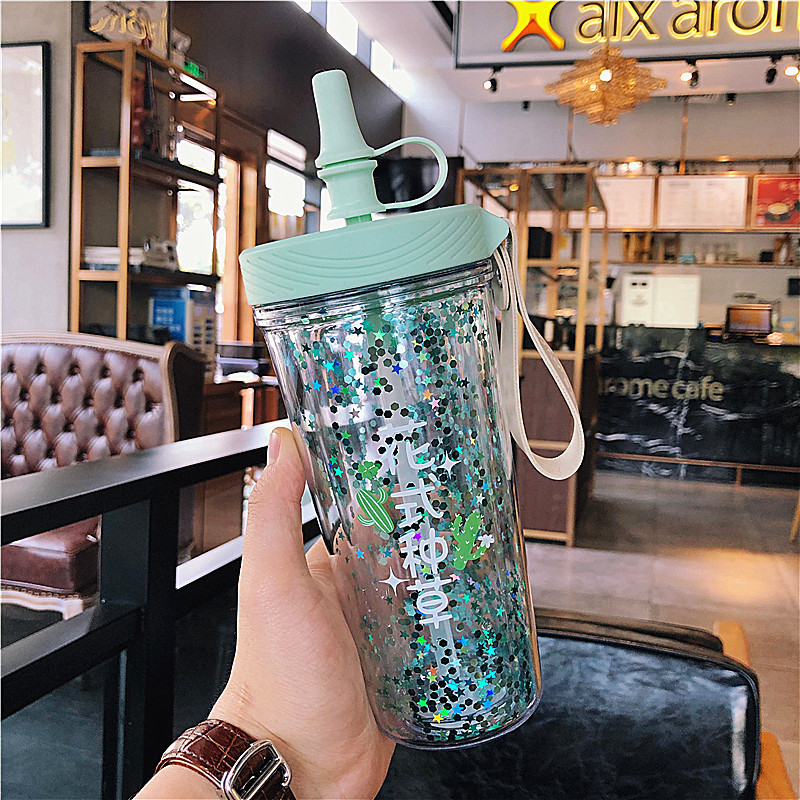 Internet Celebrity Double-Layer Heat Insulation Plastic Sippy Cup Cute Sequin Student Cup Korean Style Fresh Water Cup Girlwill Internet Celebrity Double-Layer Heat Insulation Plastic Sippy Cup Cute Sequin Student Cup Korean Style Fresh Water Cup Girlwill
